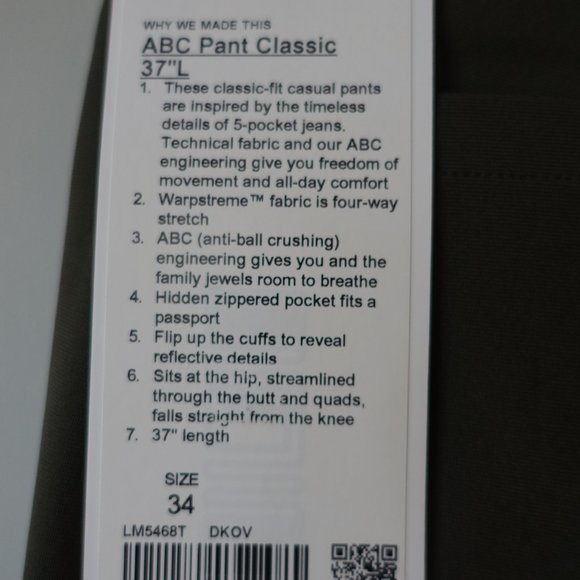 Lululemon Warpstreme ABC Pant Classic 37"L inseam Tall Size 34 Dark Olive - Picture 4 of 12